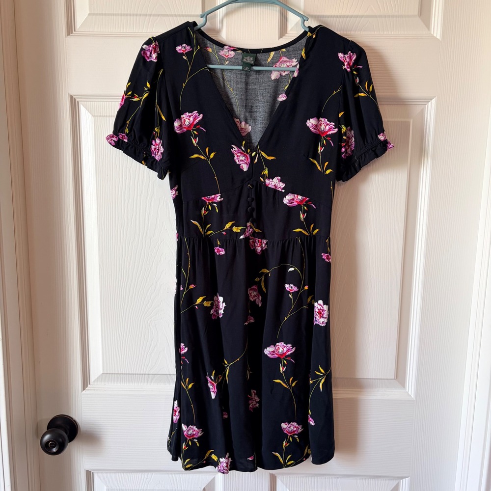 Wild Fable Black Pink Floral V-Neck Short Sleeve Mini Dress Smocked Back Women S